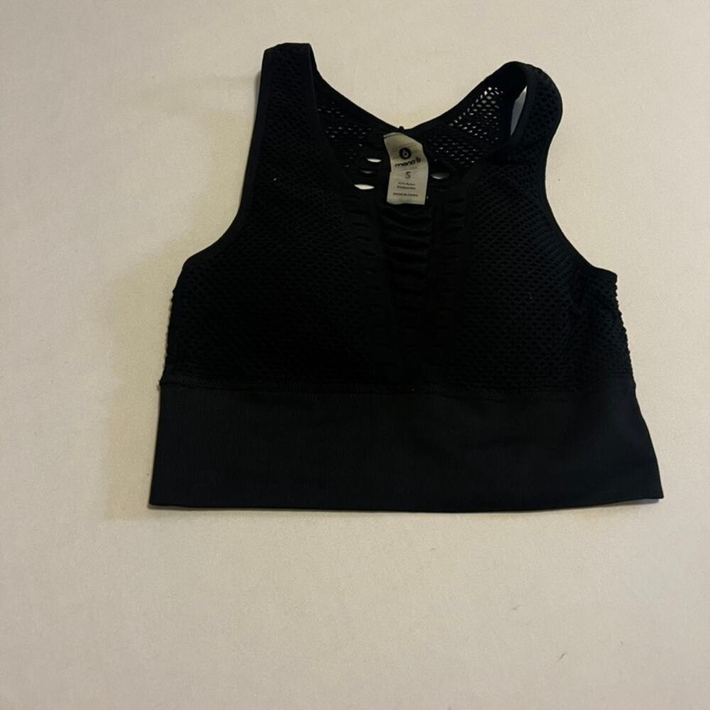 Mono B | Black Seamless Laser-Cut Mesh Sports Bra Crop Top - S